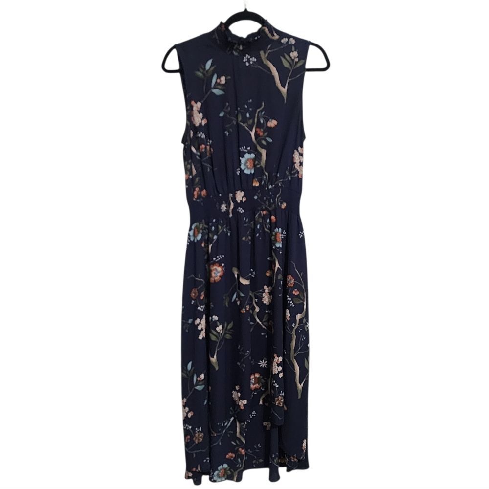 Nanette Lepore Maxi Dress 12 Navy Floral Sleeveless Smock Waist Party Brunch